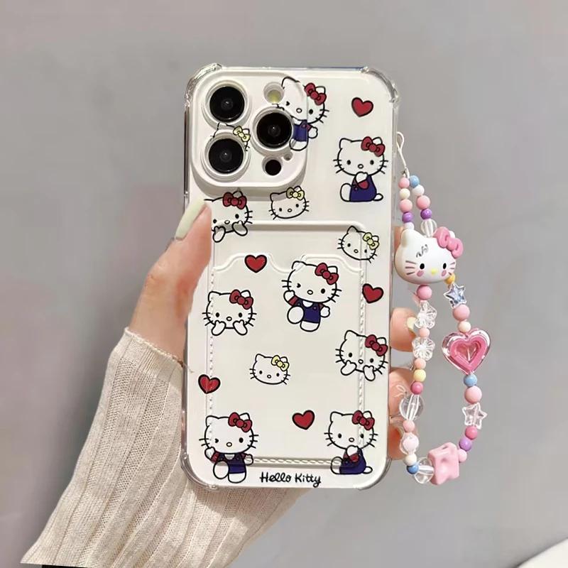 3D Bow Hello Kitty Bracelet Case For Iphone 13 12 11 Pro Max XR X XS Max 6 6S 7 8 Plus 13 Mini 17 Pro Max 5G Card Holder Cover