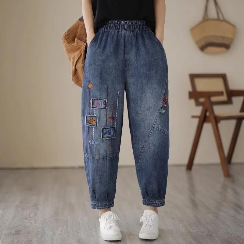 Plus Size Jeans Casual Spring and Autumn Embroidery Large Size Elastic High Waist Harem Loose and Thin Daddy Long Pants