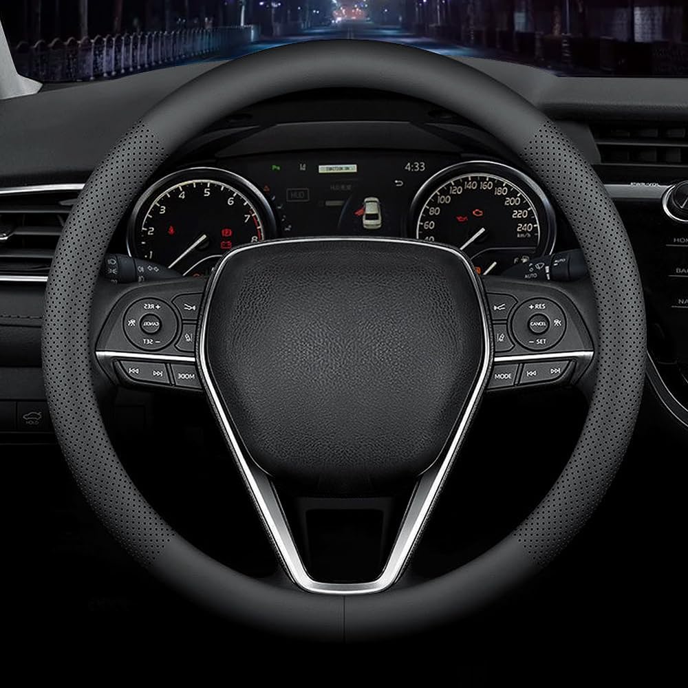 LKWLIKEI Nappa Premium Leather Car Steering Wheel Cover, Non-Slip, Breathable, Universal 15 Inches, Black.