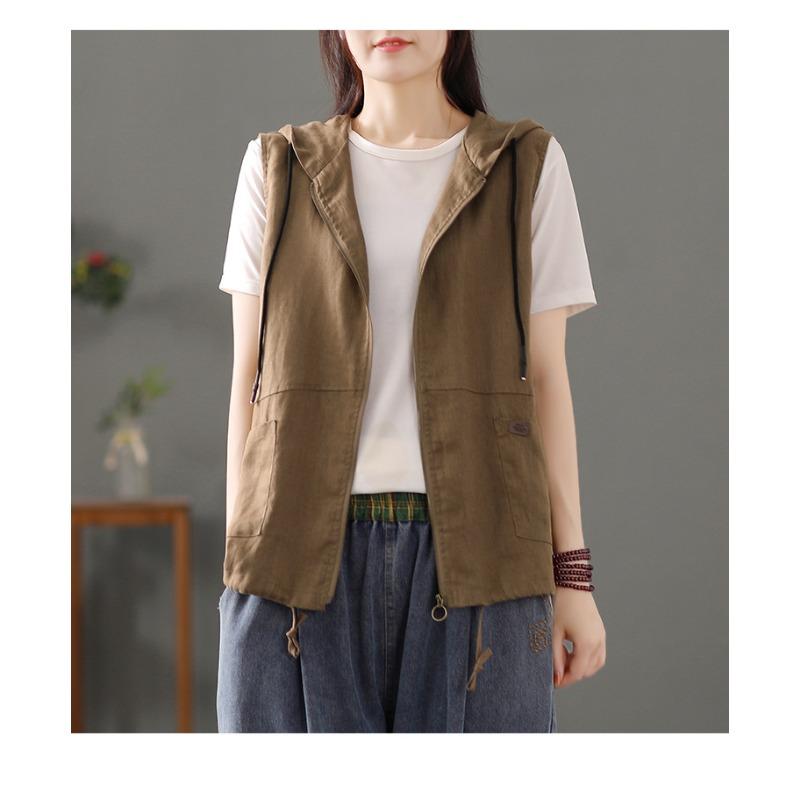 Women S Casual Linen Blend Hooded Sleeveless Zip Up Vest