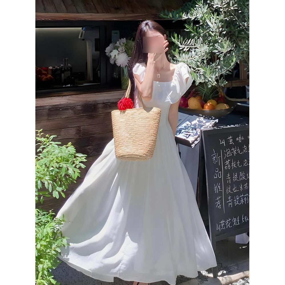 White dress women's summer temperament new long waist one-word shoulder flying sleeves a-word skirt square neck ruffle edge