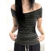 Striped Off-Shoulder Short Sleeve T-Shirt Women's Loose Casual Crew Neck Pullover Skinny Bottom Shirt Top