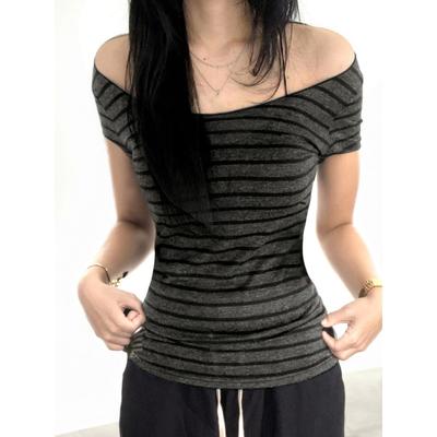 T-shirt a maniche corte a righe off-the-shoulder da donna, maglione casual largo con scollo rotondo, top aderente da abbinare sotto