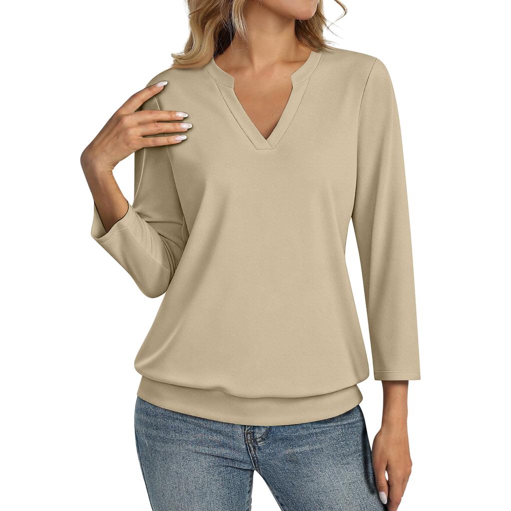 Damska Codzienna Modna Koszulka z Rękawem 3/4 Top z Dekoltem V