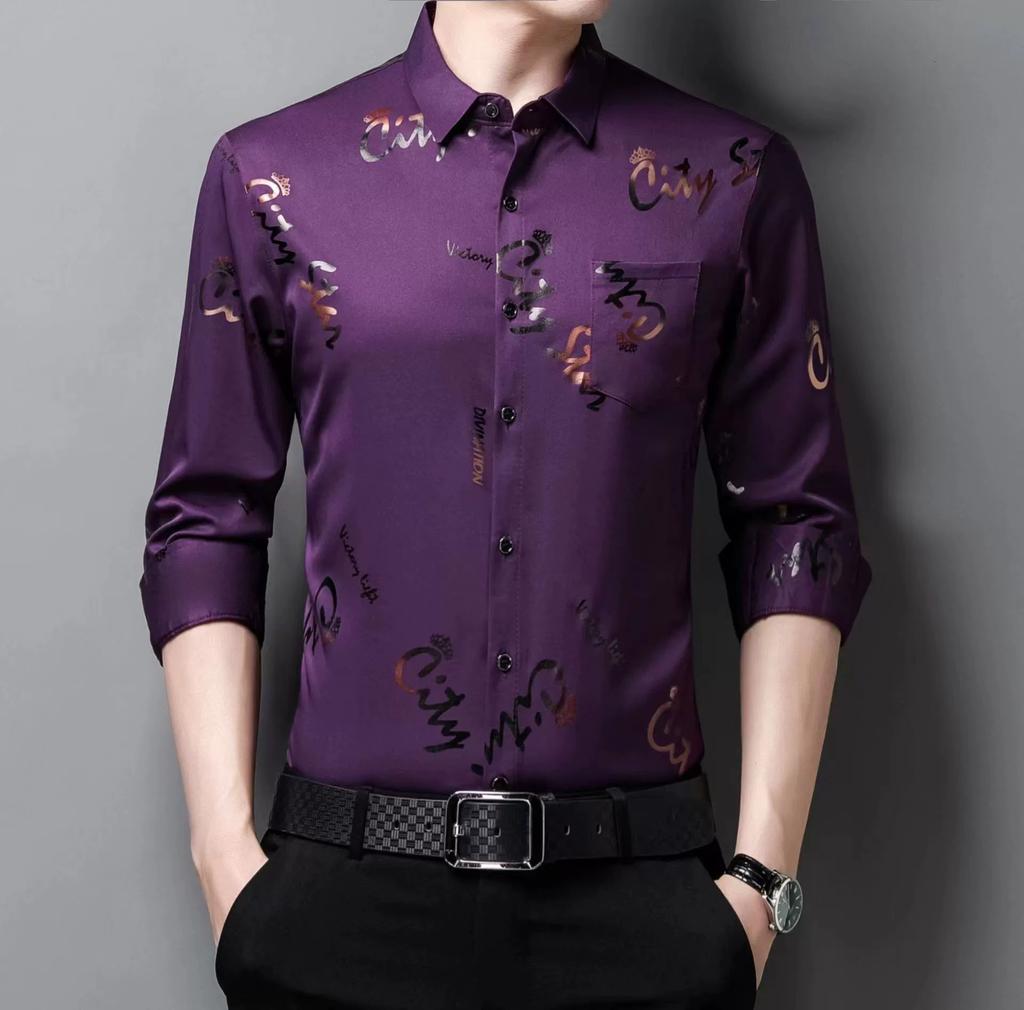 Men's Long Sleeved Casual Shirt Spring and Autumn Fashion Korean Version Slim Fit Shirt Men's Printed Letter Top