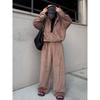 Womens Streetwear Casual 2-Piece Set Long Sleeve Zip-Up Knit Top Elastic Waist Wide Leg Pants