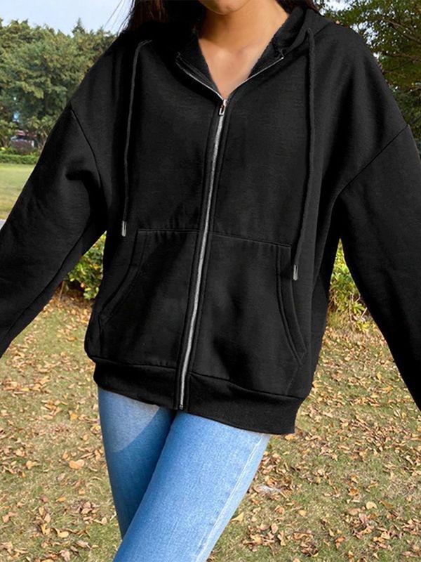 Women's Autumn 2025 Solid Color Fleece-Lined Hooded Jacket - Long Sleeve, Loose Fit, Streetwear Zipper Top