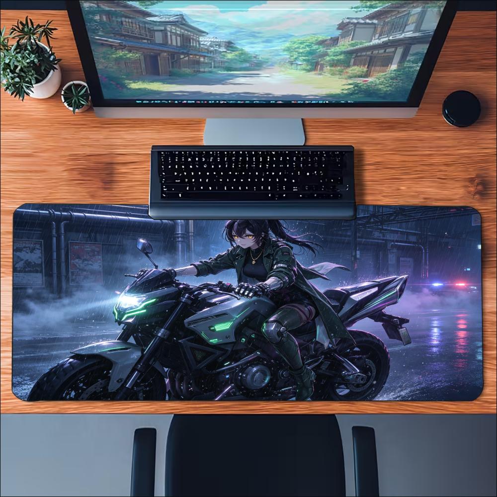 Cyberpunk Biker Anime Girl Large Extended Mouse Pad NonSlip Rubber Desk Mat With Stitched Edges For Gaming Laptop Desktop