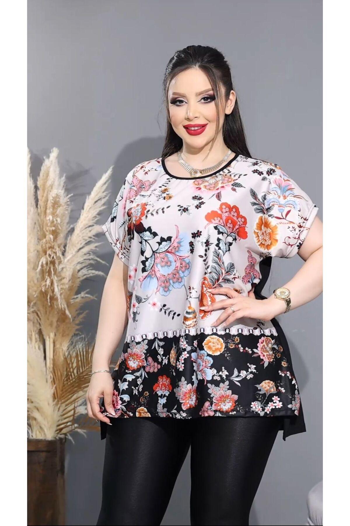 

Women s Big Size Blouse Plus Size Micro Front Floral Patterned Slit Blouse 4XL