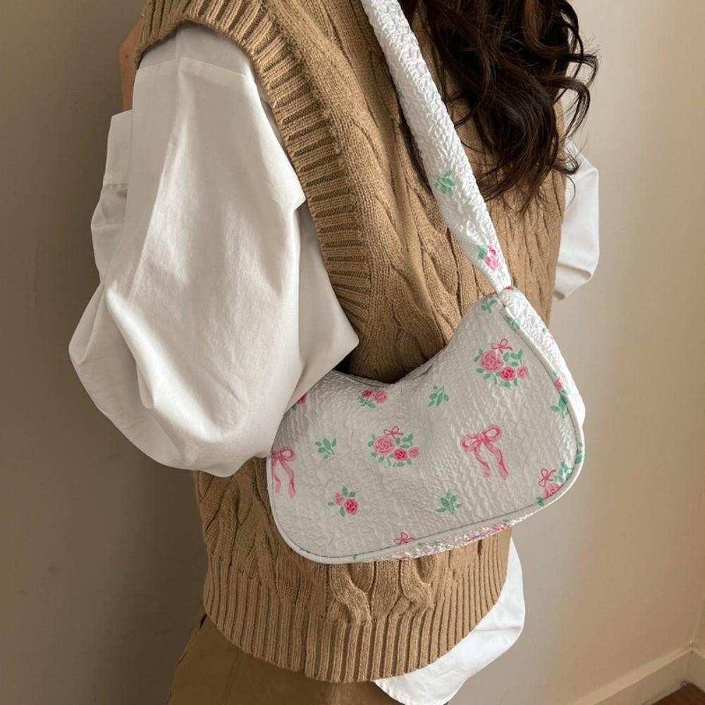 Casual Floral Print Shoulder Bag Pleated Ruffled Handle Bow Armpit Bag Canvas Drawstring Underarm Bag