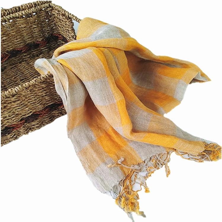 Yellow Plaid Linen Scarf Thin Versatile Shawl Summer Japanese Women'S Sunscreen Silk Scarf