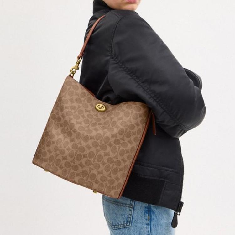 Coach Willow 28 Classic Logo Soft Faux Leather With Cowhide Bucket Bag Crossbody Shoulder Bag Large Women Bags Brown Caramel CW882-B4XHG