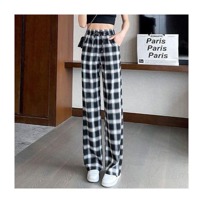 

Женские клетчатые брюки больших размеров из ледяного шелка с широкими штанинами - Стройнящие, Легкие, Летние 2025 Повседневные брюки Medium чёрный