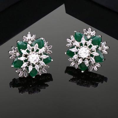 Women's Designer Rhodium Plated CZ Flower Green Stone Stud Earrings