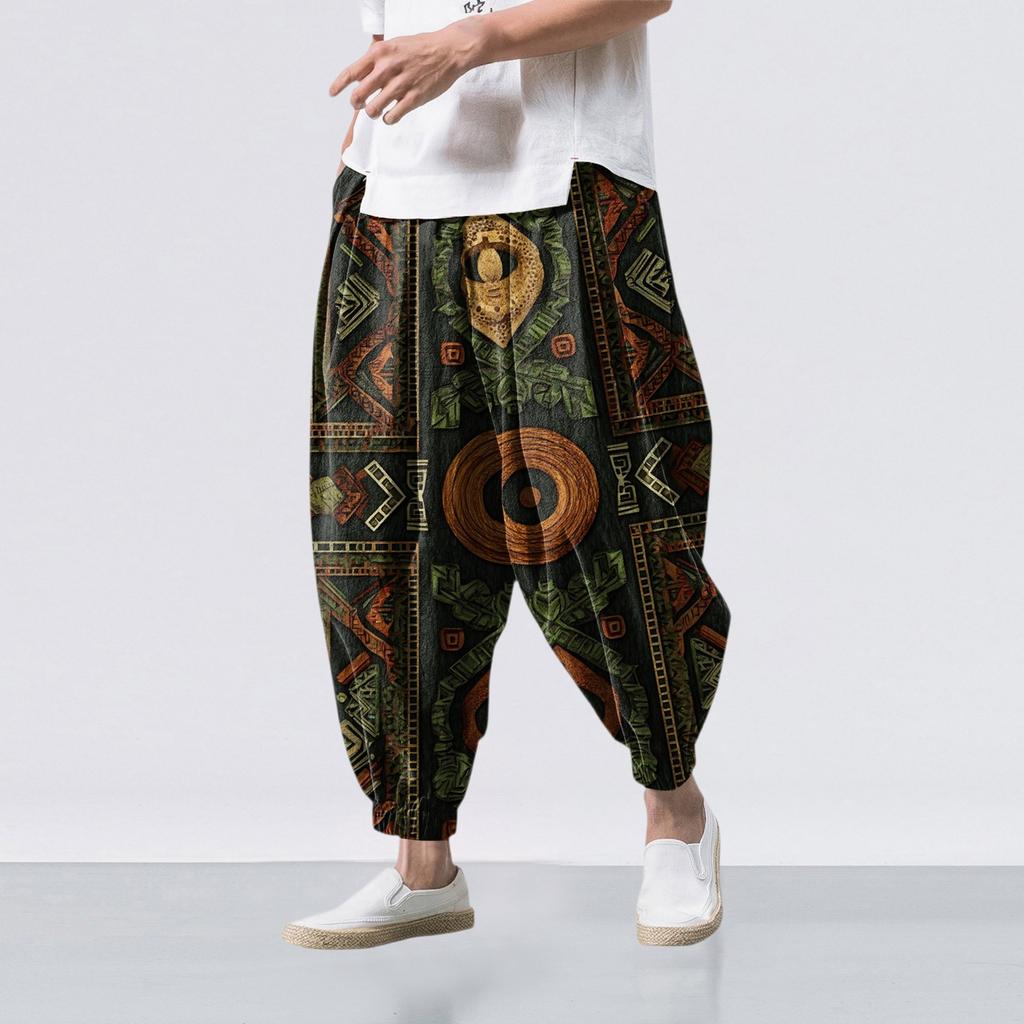 Ethnic Style Print - Casual Wide-leg Pants, Men's Loose Casual Pants