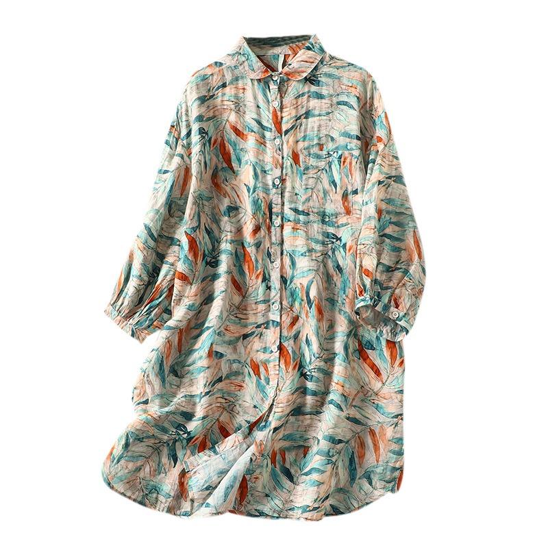 Women S Literary Retro Cotton Linen Floral Long Sleeve Loose Mid Length Shirt