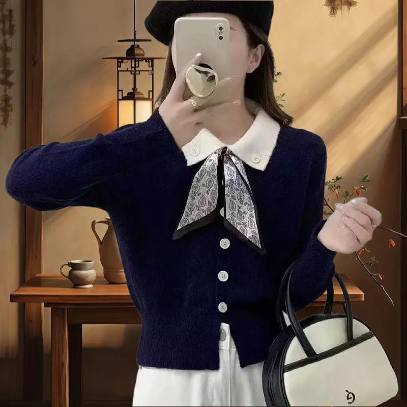 

New lapel long-sleeved knitted sweater women s early autumn spring and autumn new contrasting color silk scarf lace-up cardigan short top average size синий