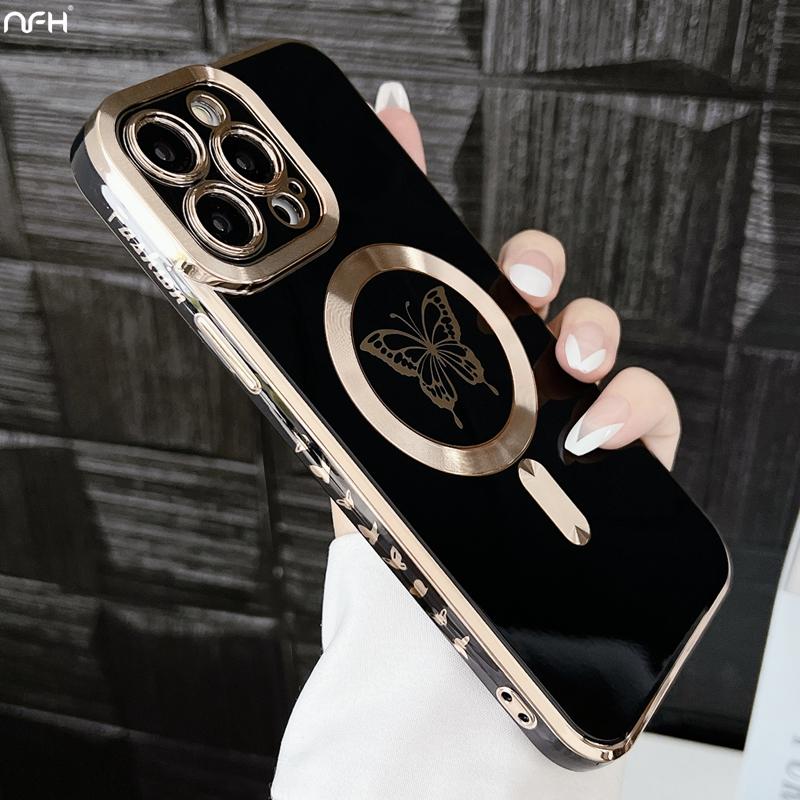 Pour iPhone 16 Pro Max Luxe Magsafe Magnétique Placage Papillon Coque de Téléphone Pour iPhone 11 12 13 14 15 16 Plus Couverture Protectrice
