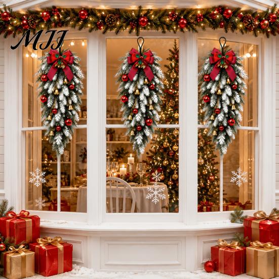 Faux Botanicals for Office Table Teardrop Swag with Red Bow Bells Ornaments, Frosted Artificial Pine Hanging Fake Floral Arrangements Home Decor