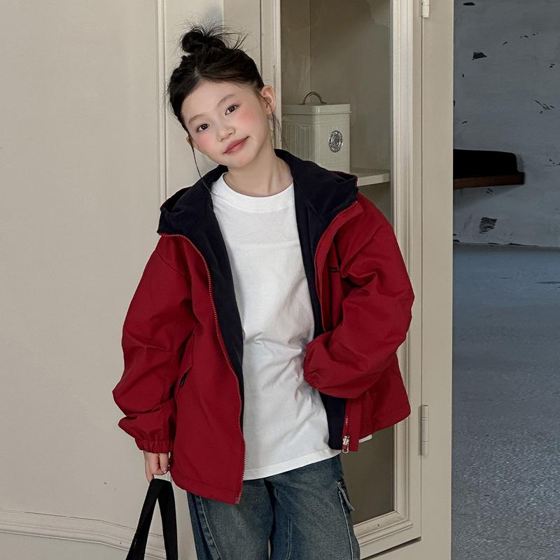 Girls' Korean Style Reversible Hooded Windbreaker: Trendy Spring/Autumn Jacket for Big Girls