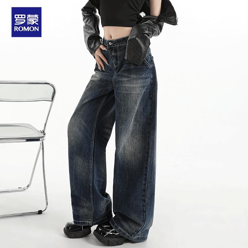ROMON Women's Vintage Wide-Leg Denim Jeans