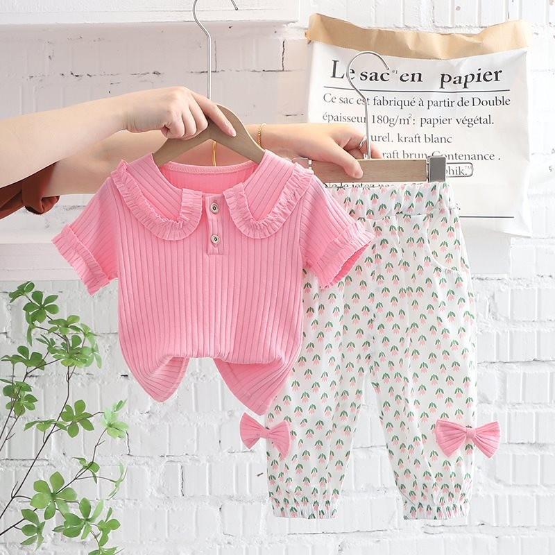 

Korean Adorable Style Short Sleeve Two Piece Outfit For Baby Girls In Soft Cotton Fabric Perfect For Summer Fun Pink Floral Shirt,80cm/31.50in