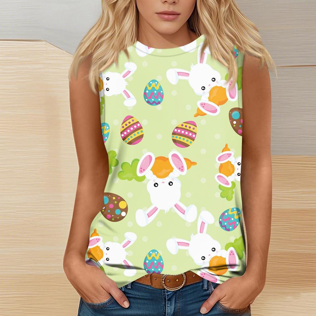 Women's Fashion Casual Easter Printed Round Neck Sleeveless T-Shirt Tops