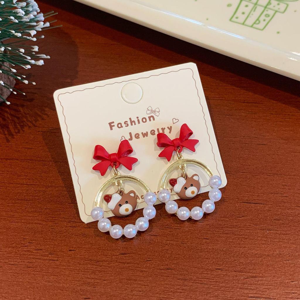 Weihnachts-Schneeflocken-Bär & Perlen-Ohrringe: Exquisites Silver Needle Design für Frauen