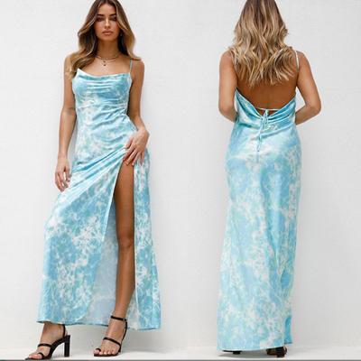 2025 Spring Summer Women's Split Dress Y2k Fashion Floral Print Bohemia Bodycon Dress Sleeveless Sweet A-line Sexy Backless Blue Party Sling Dresses