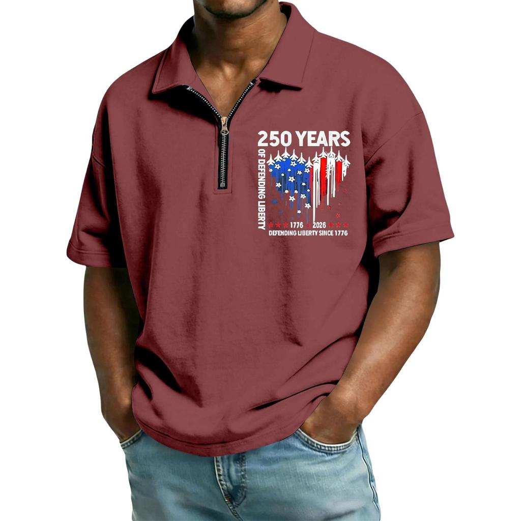 Men's Casual Loose Fit Polo Shirt Short Sleeve Top with Flag and Letter Print Suitable for Everyday Wear and Outdoor Activities