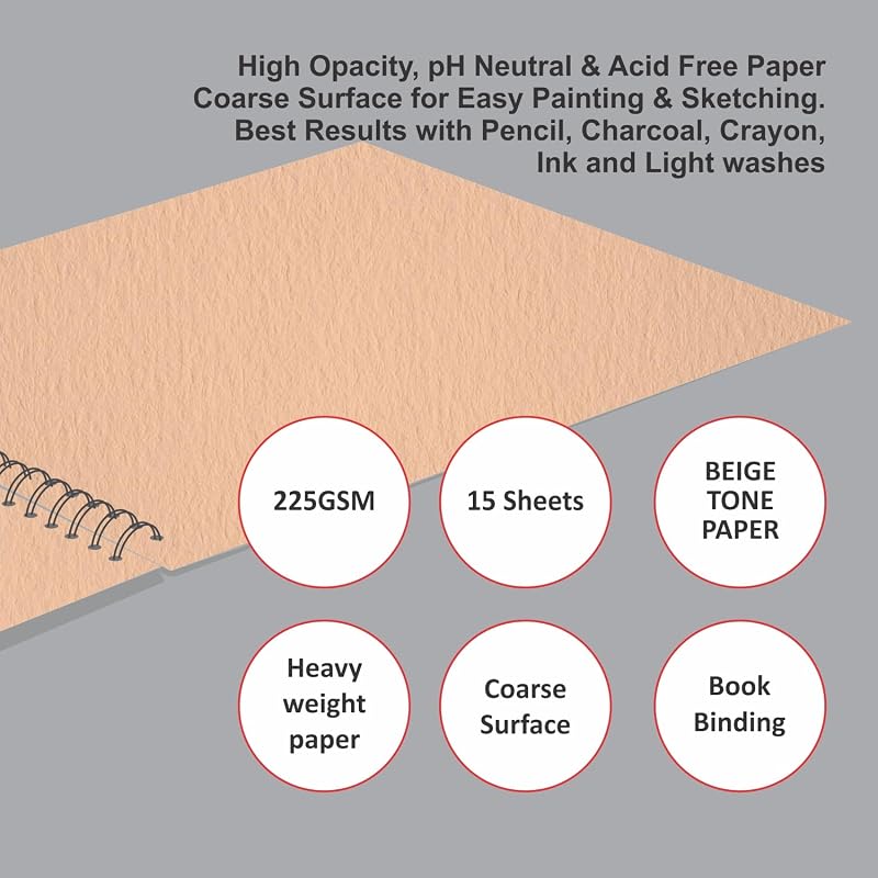Anupam Skin Toned Watercolour Paper Wireo Book - Beige Toned - Cold Press Paper - 225 Gsm - 15 Sheets - A4