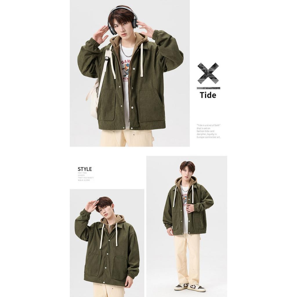 Couple's Corduroy Hooded Jacket with Thick Velvet for Autumn and Winter Men's Fake Two-piece Hoodie Jacket