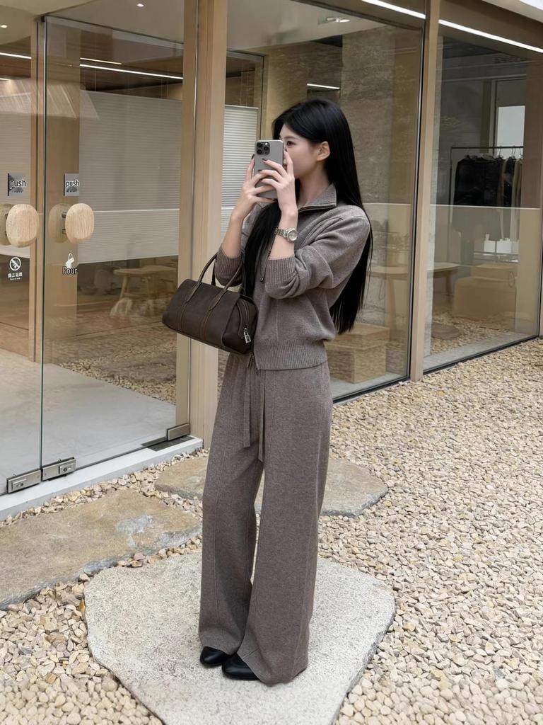 Korean Style Knit Two-Piece Set: Cozy Autumn/Winter Loose Sweater & High Waist Floor-Length Pants