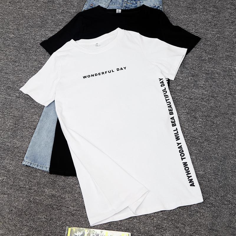 Plus Size WONDERFUL DAY Print Long T Shirts Summer Women Loose Slit Femme Tops Cotton Tshirt Short Sleeve Ladies T-shirt