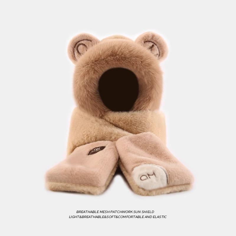 2025 Bear Plush Hat Scarf Integrated Women's Season Cute Northeast Warm Gloves Three-piece Set
