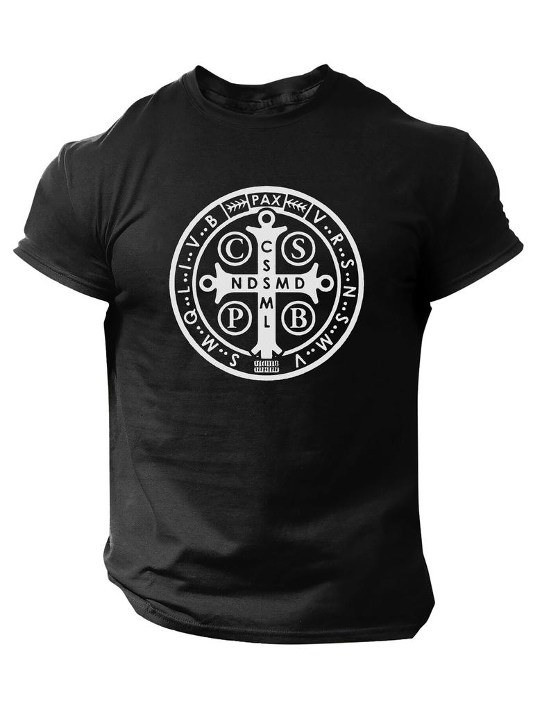 Orden des Hl.. Benedikt Kreuz & Medaille Design T-Shirt 100% Baumwolle Rundhals Kurzarm Sommer Lässig