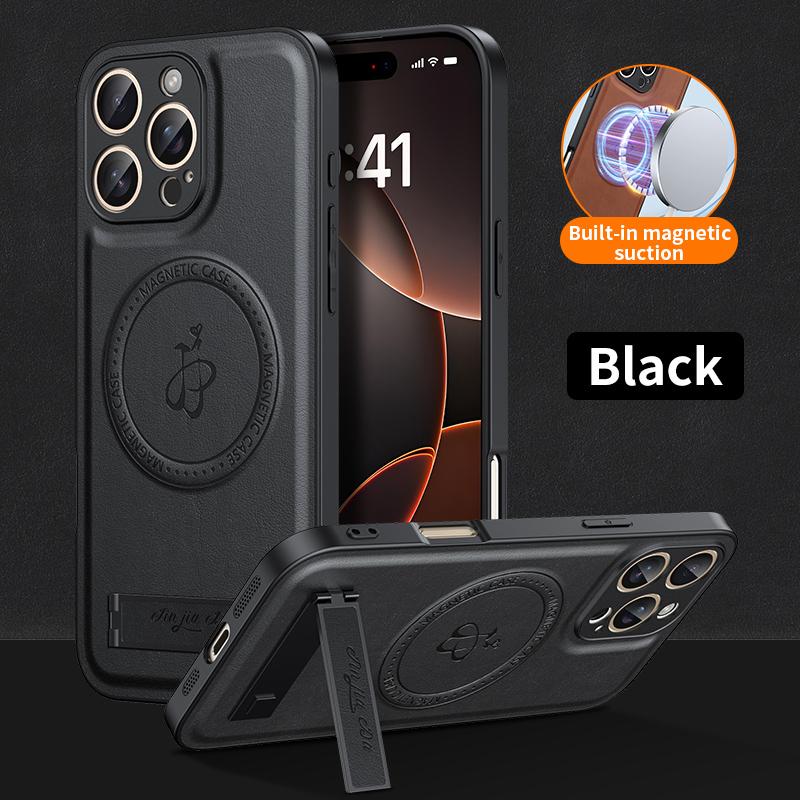 Magnetic Stand Holder PU Leather Phone Case For Magsafe iPhone 16 16E 15 14 13 12 11 Pro XS Max Wireless Charging Logo Cover