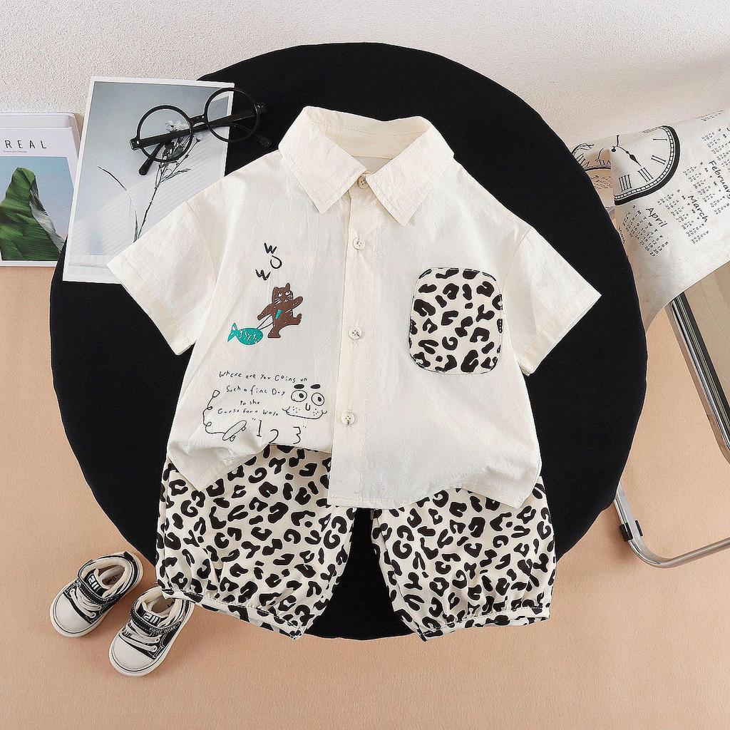 Boys' 2026 Summer Leopard Print Shirt & Pants Set – Stylish Short-Sleeve Two-Piece Outfit
