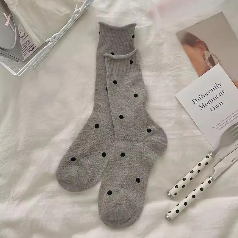 

Носки в горошек для женщин весна лето тонкие женские хлопковые носки с принтом в горошек для девочек подарок милые каваи черные белые с оборками модные one size серый