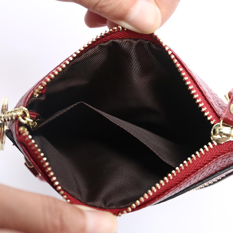 Women's Genuine Leather Mini Coin Purse with Key Ring - Motorcycle Style and Top Cowhide Zipper Wallet