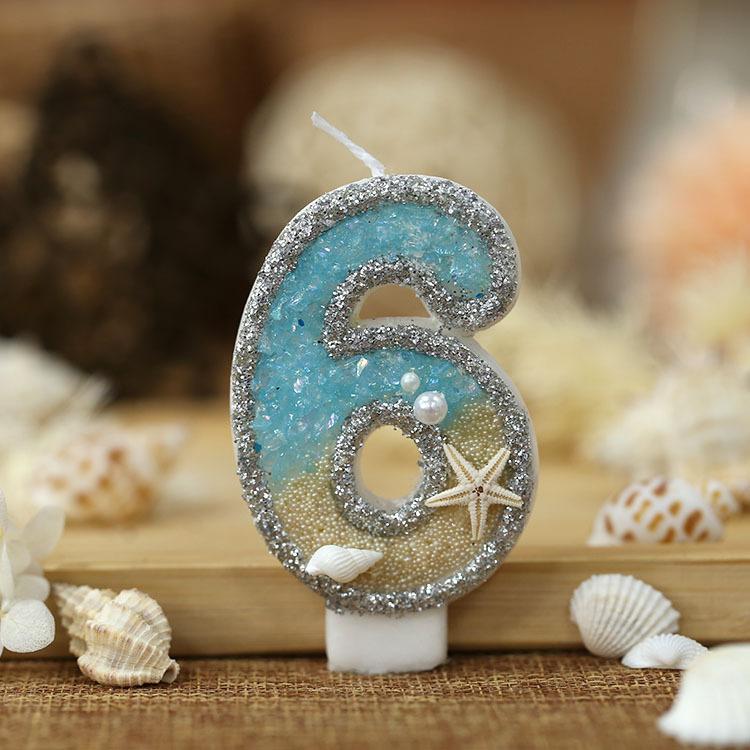 0-9 Digital Glitter Candles Summer Beach Starfish Birthday Cake Decoration Number Mermaid Ocean Themed Party Cake Decor Supplies