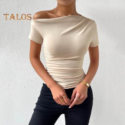 Maglietta estiva da donna, collo obliquo, manica corta, vestibilità attillata, tinta unita, arricciatura laterale, pullover top
