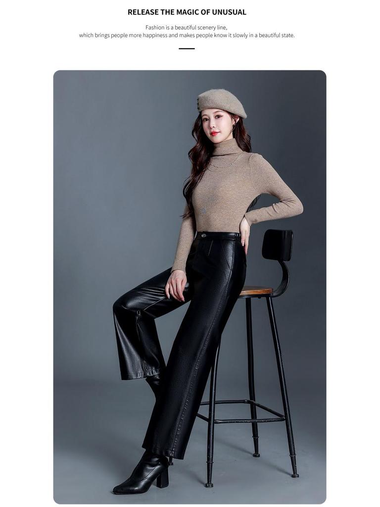 Women's High-Waisted Leather Pants - 2025 Autumn/Winter Loose Straight-Leg Lambskin