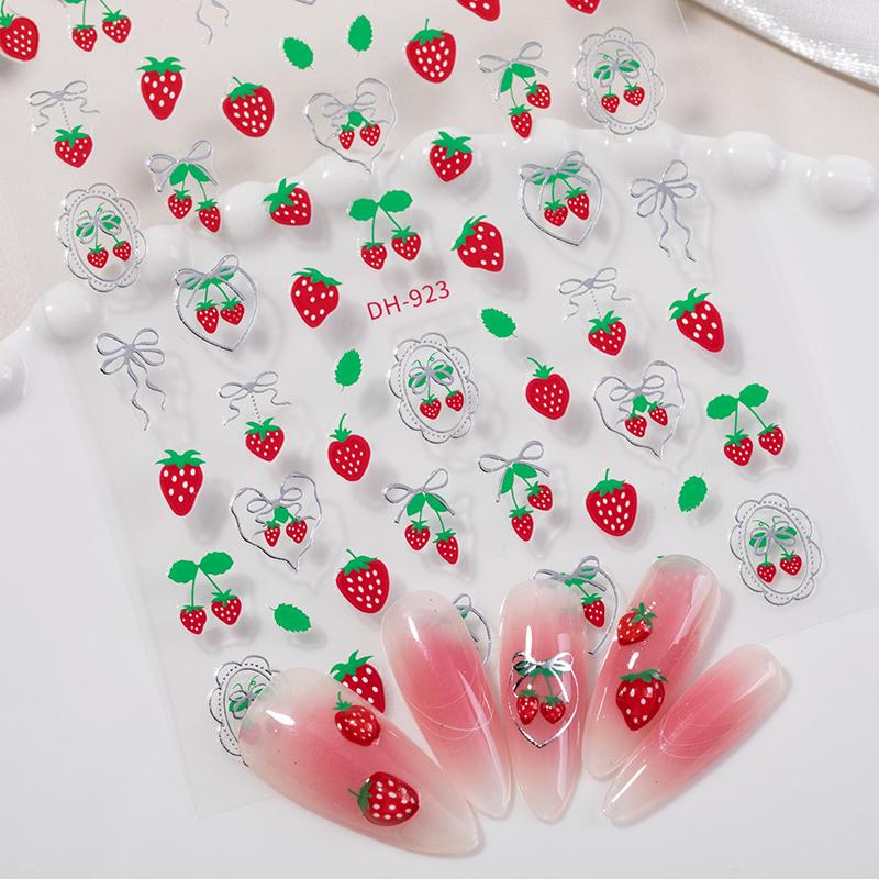 Fresh Sweet Fruits Strawberry Cherry Bowknot Love Heart Bow 5D Nail Art Stickers Self Adhesive Decorations Nail Manicure Decal