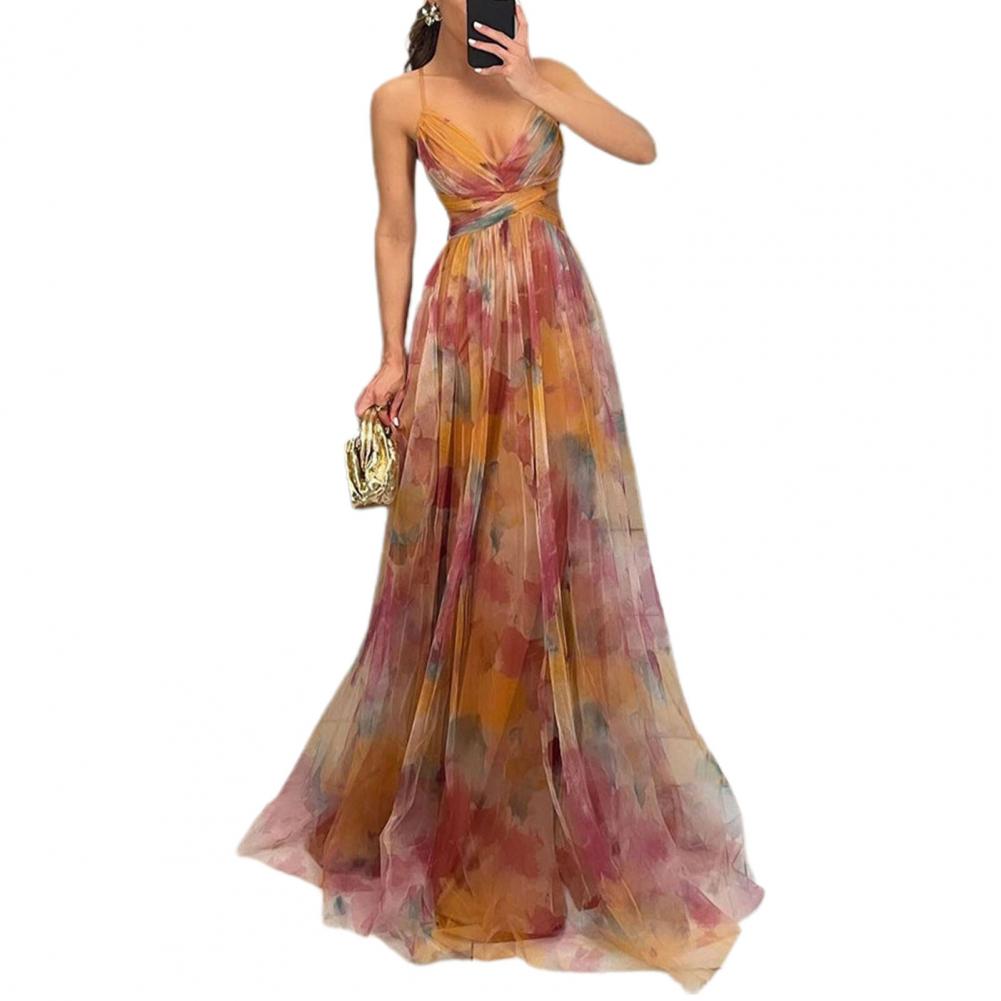 Women Evening Dress Mesh Colorful Printing Low-cut Sleeveless Backless Spaghetti Strap Pleated A-line Floor Length Tight Waist