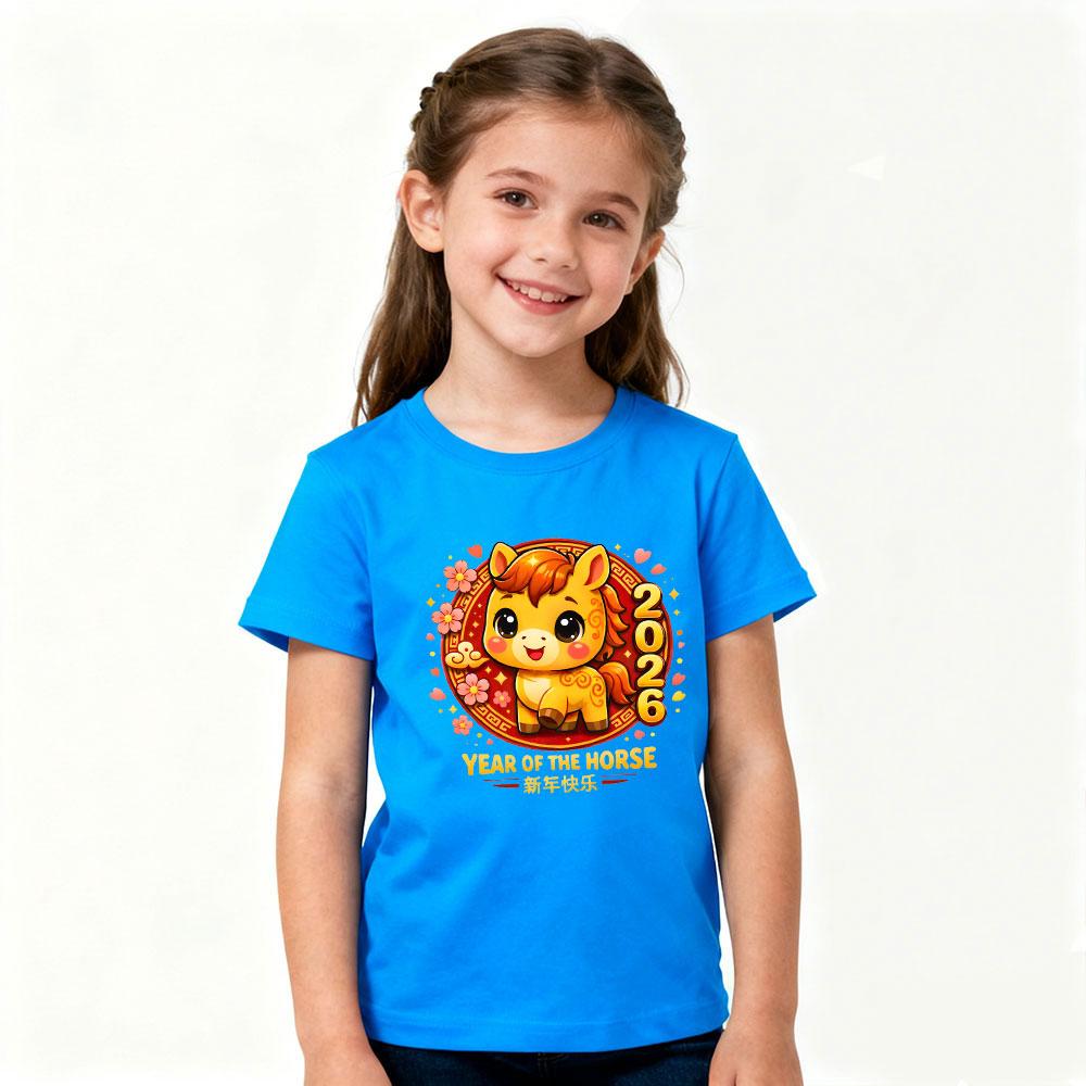 Year of The Horse 2026 Kids Tshirt Chinese New Year Kawaii Horse Printed Shirt Boys and Girls New Year Festival Costumes 110