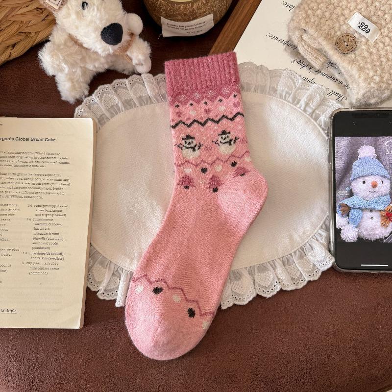 Warm, Soft and Lazy Wool Socks, Female Snowman, Christmas Tree, Thickened and Warm Cashmere Mid-calf Socks for Autumn and Winter