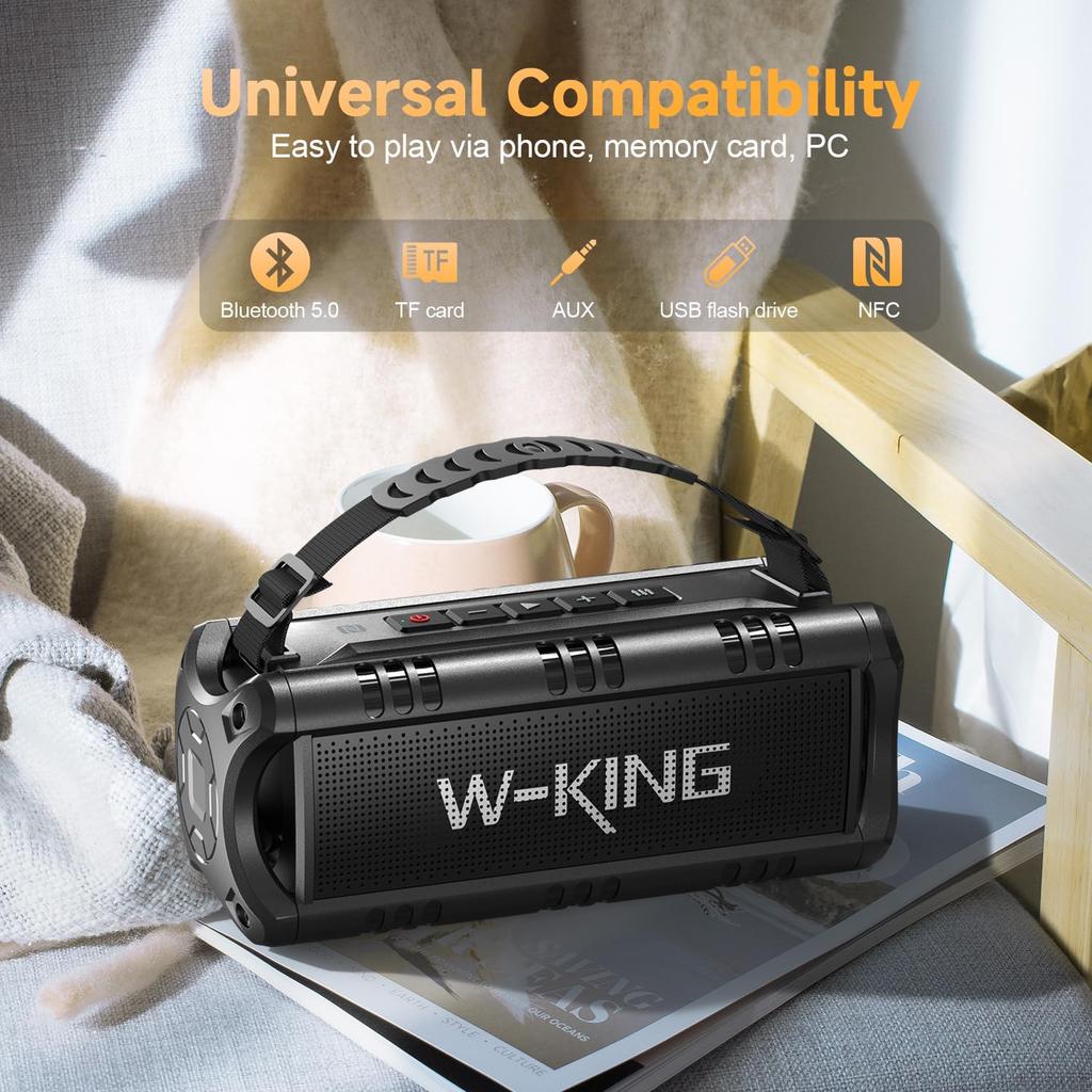 30W Portable Bluetooth Speaker with Powerful TF USB and Waterproof for Home Use W-KING 24-Hour Playtime, Bass, NFC, Card, Playback, Built-in
