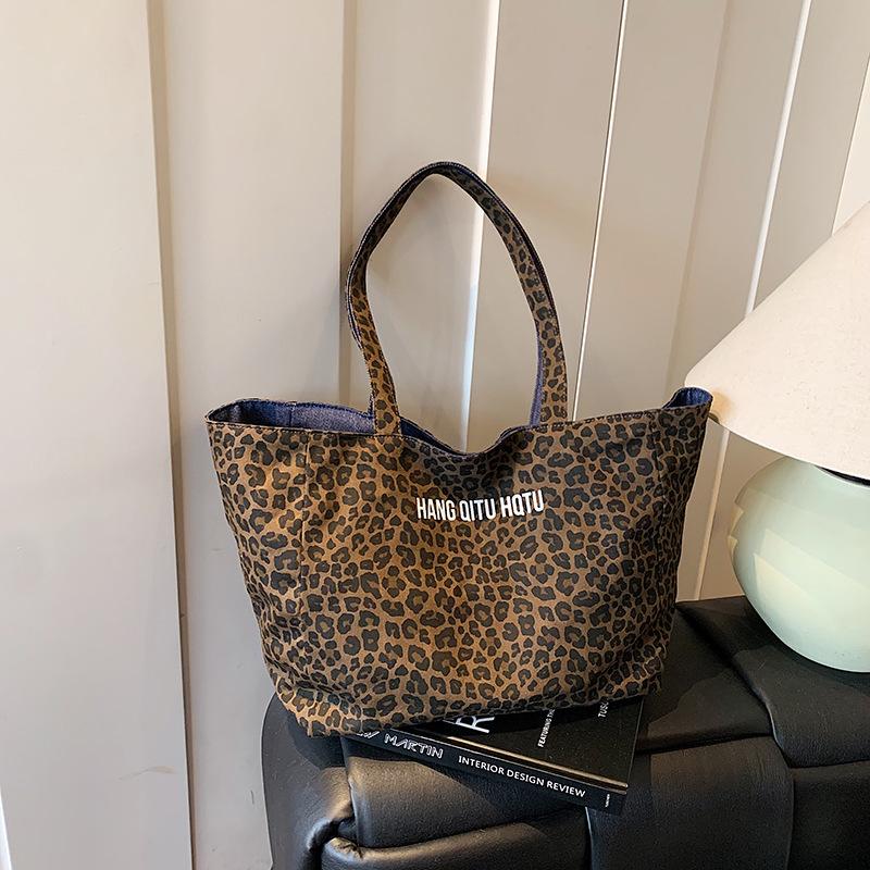 Korean Double-sided Leopard Print Canvas Bag Women's New Denim Casual Lazy Style Shoulder Bag Large-capacity Commuter Tote Bag