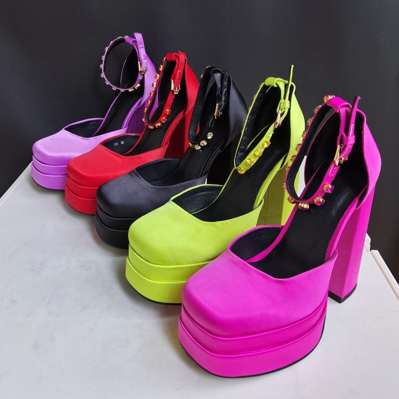 Stora Storlekar 46 Design Hög Kvalitet Äkta Siden Fårskinn Damer Platåpumps Nya Sexiga Rosaröda Högklackade Skor Dam